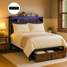 Queen Bed Frame with Headboard and Storage Drawers, Charging Station, Modern Pla