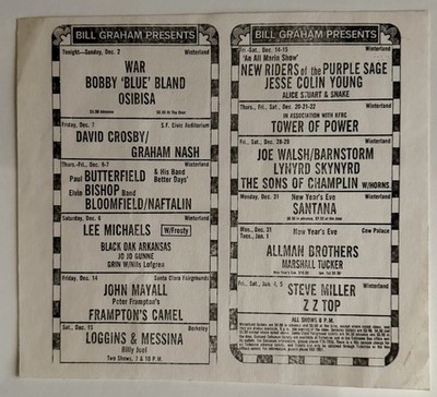 Bill Graham Presents Concert Menu Handbill 1973 Joe Walsh Lynyrd Skynyrd The ...