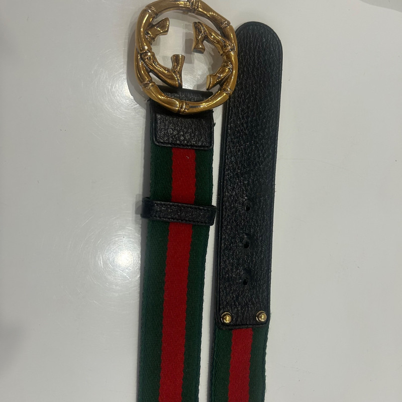 Gucci GG Web Belt Black Leather 80/32 Red Green Stripe Gold Buckle Authentic