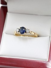 18ct Yellow Solid Gold Natural Sapphire & Diamond Trilogy Ladies Ring Size O