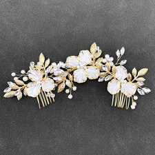 Gold Bridal Hair Pieces with Comb Wedding Pearl Flower Leaf Vine Headpiece Hair