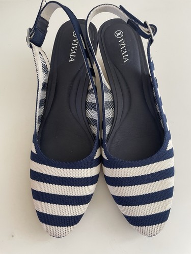 Elegant Vivaia Women’s Navy White Stripe Slingback Wedge Heeled Sandals Sz 40 9 - Picture 7 of 7