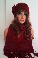 CRANBERRY RED HAND CROCHET FLOWER HAT AND SCARF SET BEANIE SKULL SKI CAP TAM