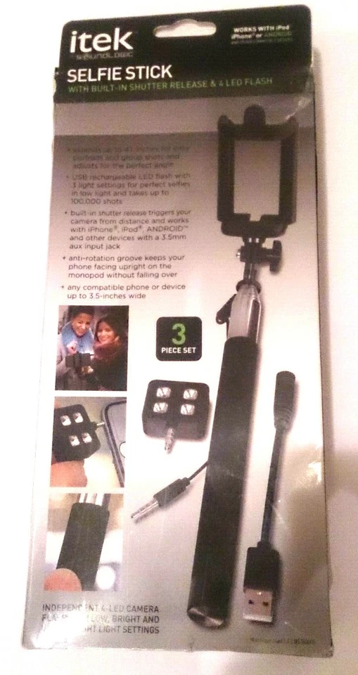 ITEK BY SOUNDLOGIC SELFIE STICK WITH BUILT-IN SHUTTER RELEASE & 4 LED FLASH BLK - Image 3 of 4