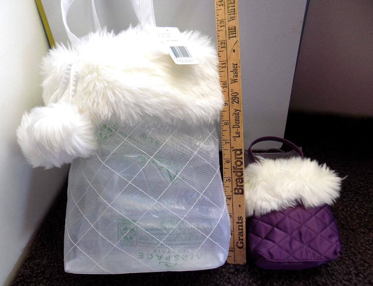 White Faux Fur Mesh Purse/Handbag/Tote with Pom Poms & Small 