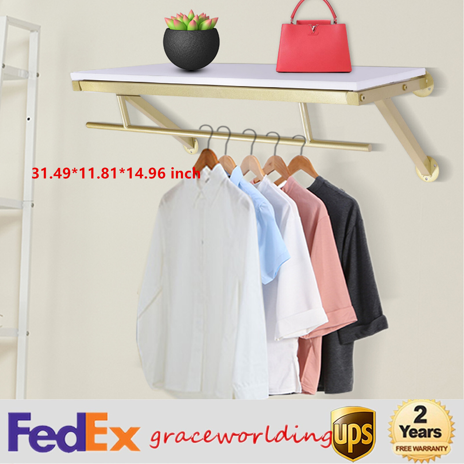 Clothing Rack Gold Wall Mounted Garment Display Storage Rack with Hanging Bar