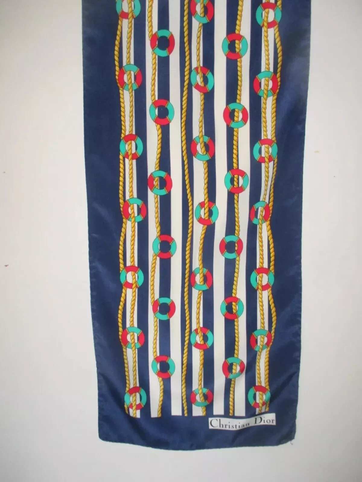 Foulard oblong en soie bleu et blanc CHRISTIAN DIOR avec cordes nautiques et sauveteurs
