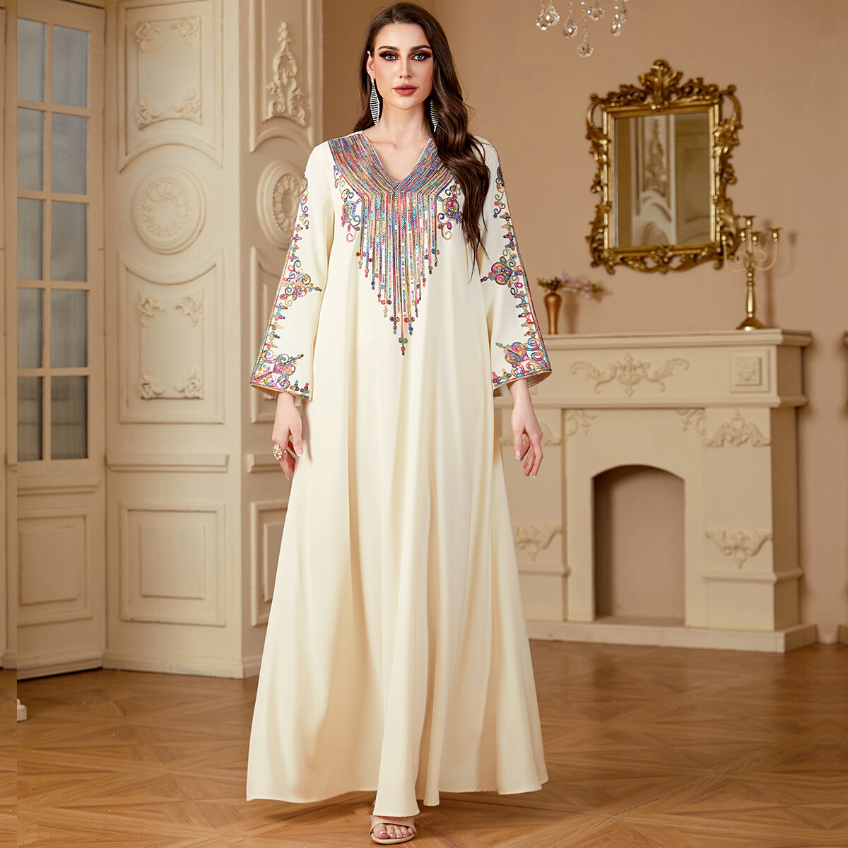 Kaftan Abaya Women Embroidery Long Dress Muslim V-Neck Evening