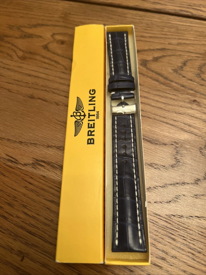 Correa de cocodrilo Breitling 22/20 OEM azul marino hebilla de estilo antiguo Foto 2 de 3