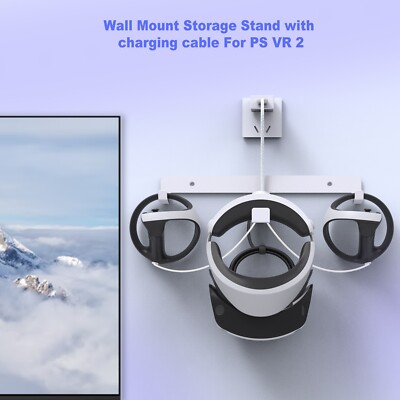 Wall bracket mount for PS5 VR2 helmet handle hanger rack with charging cable