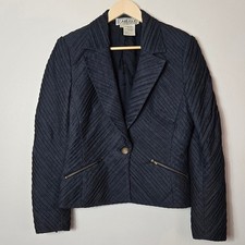 Vintage Carlisle Womens Navy Blue Pintuck Textured Blazer Jacket Sz 8 Zip Pocket