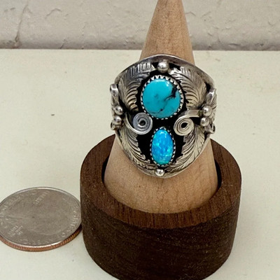 Vintage Navajo Turquoise & Opal Ring | Size 9.75 | Signed Sterling Silver  P.J. 