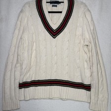 Polo Ralph Lauren Vintage Hand Knit Cableknit V Neck Sweater Cream Size XL