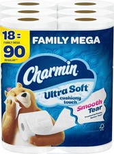 Charmin Ultra Soft Toilet Paper Cushiony Touch 18 Family Mega Rolls = 90 Regular