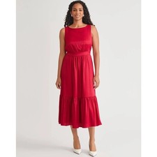 Kasper Women Crimson Red Satin Tiered Sleeveless Boat Neck Midi Dress Size M