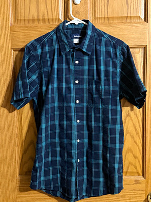 Basic Editions Men's S Blue/Teal Plaid Short Sleeve Button-Up Shirt Size S