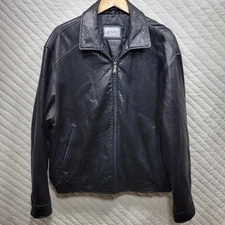 Hathaway Jacket Mens XL Black Leather Bomber Full Zip Elastic Hem Lined Pockets