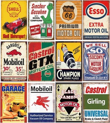 12 Pcs Gas Oil Tin Signs, Retro Vintage Home Man Cave Garage Decor, 8x12''