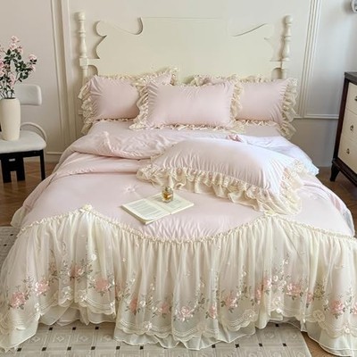 Queen Size French Chic Bedding Set 4-Piece - Romantic Lace Trim Washed Cotton,..