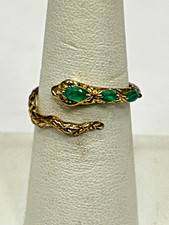 925 Yellow Gold Plated Signed YS Snake Wrap Ring With Emeralds Size 7 Adjustable
