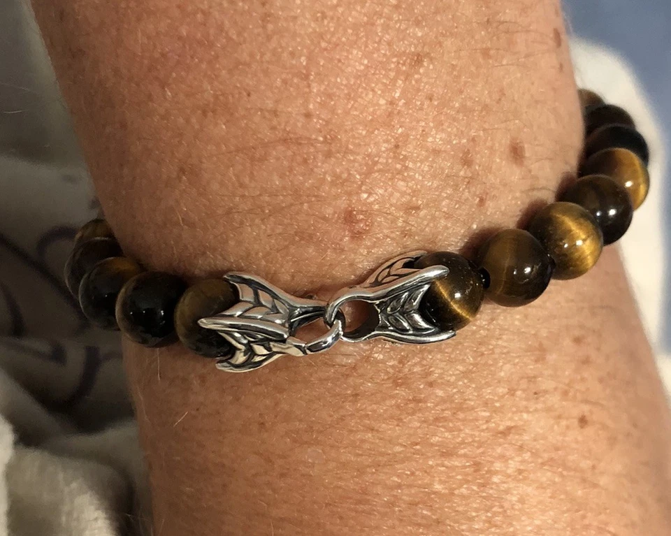 "Pulsera de cuentas espirituales David Yurman ojo de tigre con cuentas onduladas plateadas 925 8"" L como nueva" Foto 4 de 4