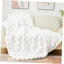White Throw Blanket for Couch, Soft Faux Fur Bubble Blankets for Sofa Bedroom
