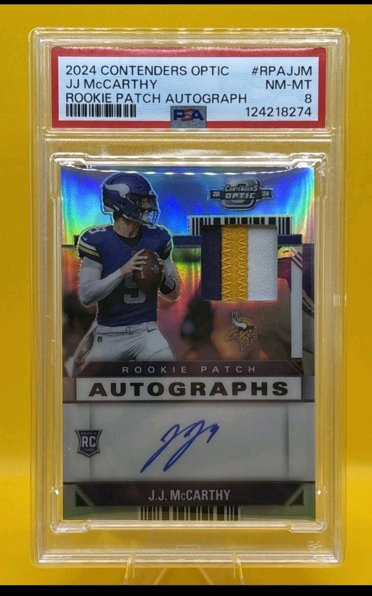 2024 Contenders Optic JJ McCarthy Rookie Patch Auto /75 - PSA 8 /3 Color Patch
