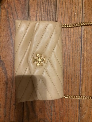 Tory Burch Quilted Beige Shoulder Bag Chevron Pattern Chain Strap Gold Hardware
