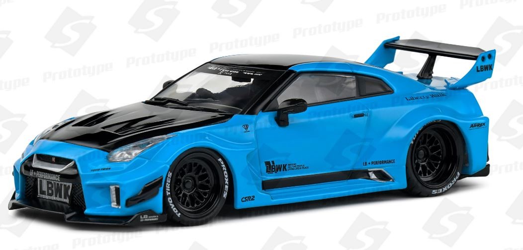 Nissan GT-R35 LBWK Silhouette 1/43 Solido, finition premium Bleu Miami