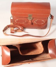 CAMERA CASE BROWN LEATHER 1950 W/ORNATE BRASS SIDES AND SHOULDER STRAPS