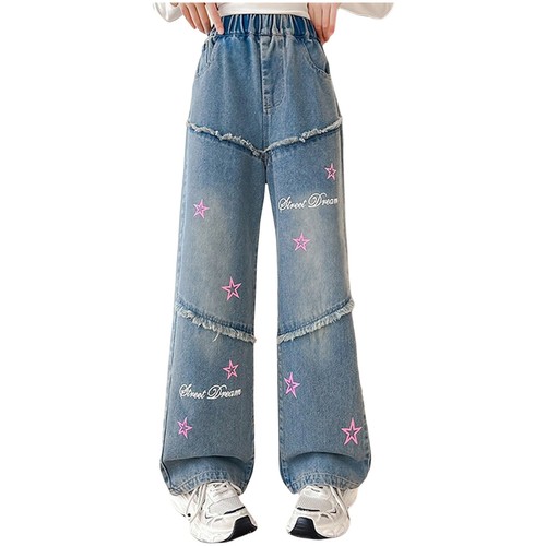 Kids Girls Pants Casual Trousers Park Jeans Trim Star Print Denim Frayed Baggy - Picture 16 of 20