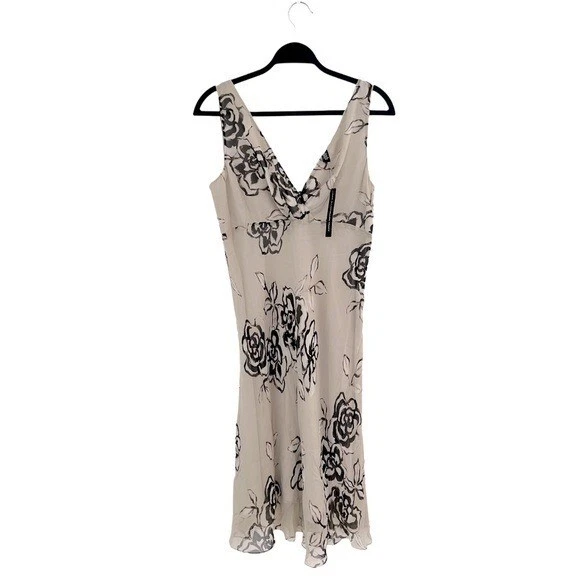 全新带标签 100% 真丝 Linda Allard Ellen Tracy Fairy Coquette 花卉米色懒人连衣裙 12 — 第 2/4 张图片