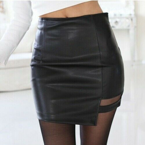 Women Winter Sexy Faux Leather Skirt Hollow Dance Clubwear Short Bodycon Dress - Picture 1 of 10