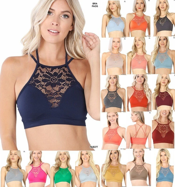 Womens Bralette Crop Top Halter High Neck Lace Cutout Seamless Running Yoga  Bra