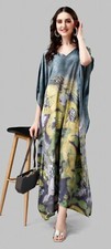 Indian Printed Feather Multi Grey Maxi Kaftan Dress Women Nightwear