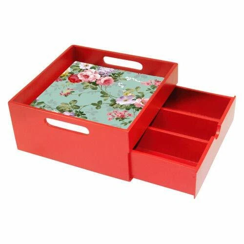 Engineered Wood Vintage Flower Print Wooden Tray with Drawer for Kitchen Use - Image 3 of 3