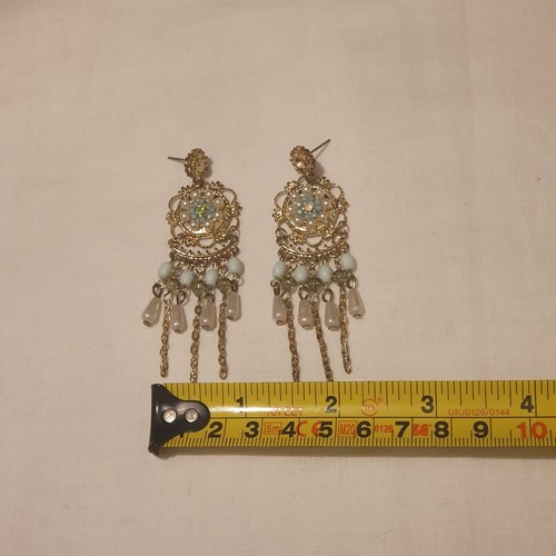 Retro Gold Drop Dangle Earrings Crystal Pearl Beaded Tassel Fringe Womens Ladies - Picture 3 of 21