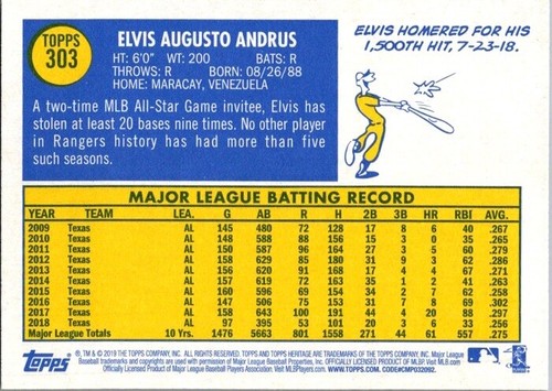 2019 Topps Heritage - Elvis Andrus #303 - Picture 2 of 2