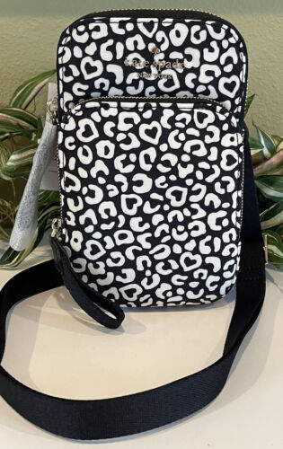 KATE SPADE CHELSEA NS DOUBLE ZIP PHONE CROSSBODY SHOULDER BAG BLACK WHITE NYLON