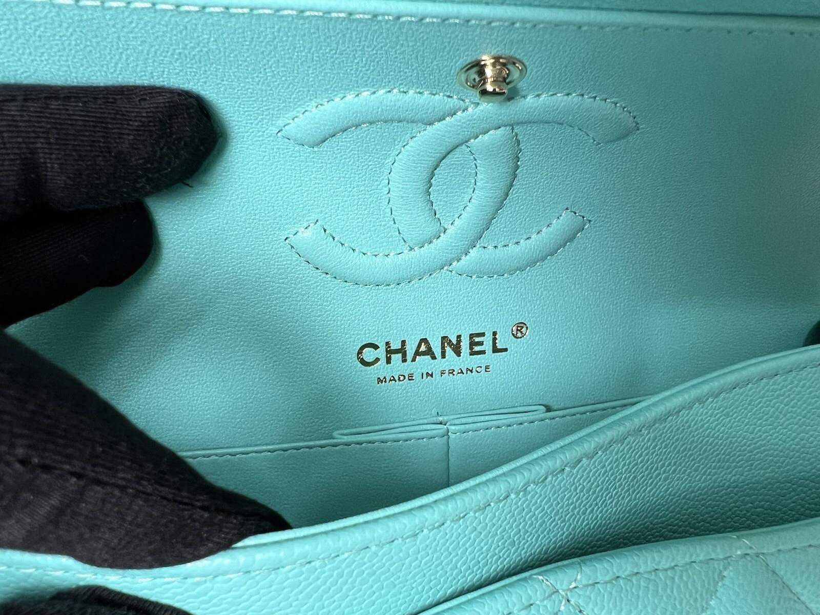 NEW CHANEL CLASSIC SMALL CAVIAR TURQUOISE W/GHW DOUBLE FLAP HANDBAG AUTHENTIC image 7