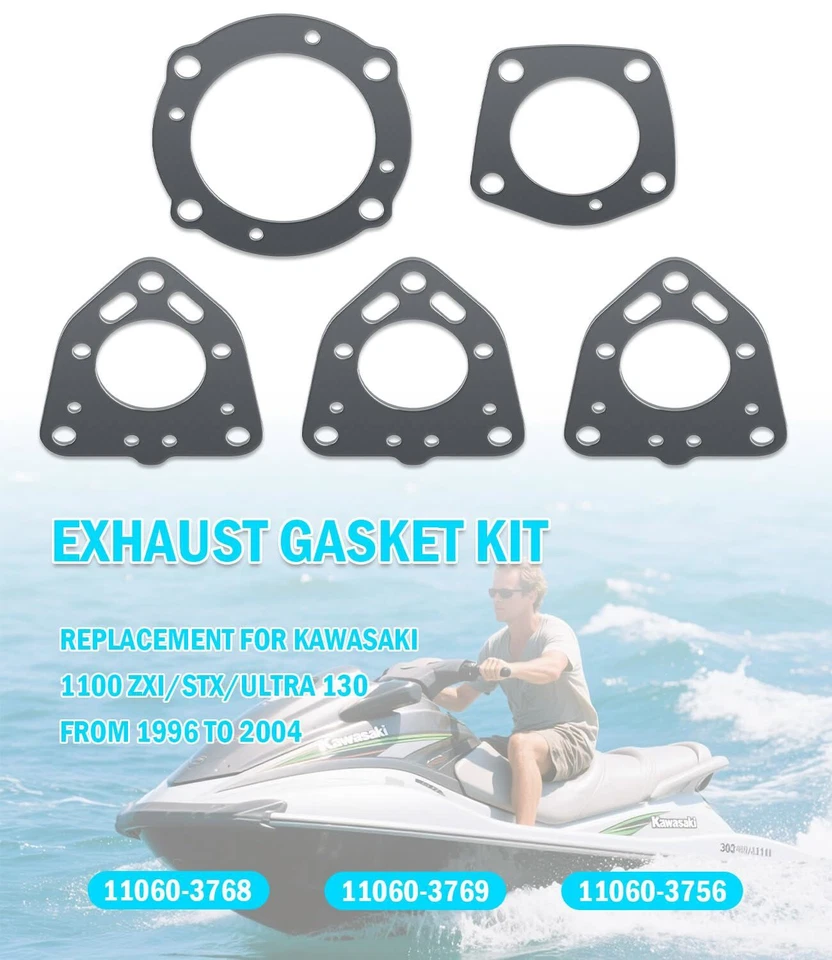 For Kawasaki Jet Skis 1100 ZXI/1100 STX Exhaust Rebuild Gaskets Seals Kit 5 Pack - Image 2 of 4