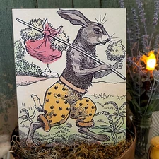 PRIMITIVE  VINTAGE FOLK STYLE EASTER HOBO BUNNY RABBIT HANDCRAFTED PLAQUE SIGN