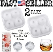 2-Pack White Round Silicon Ice Cube Ball Maker Tray 4 Large Sphere Ice Molds Bar