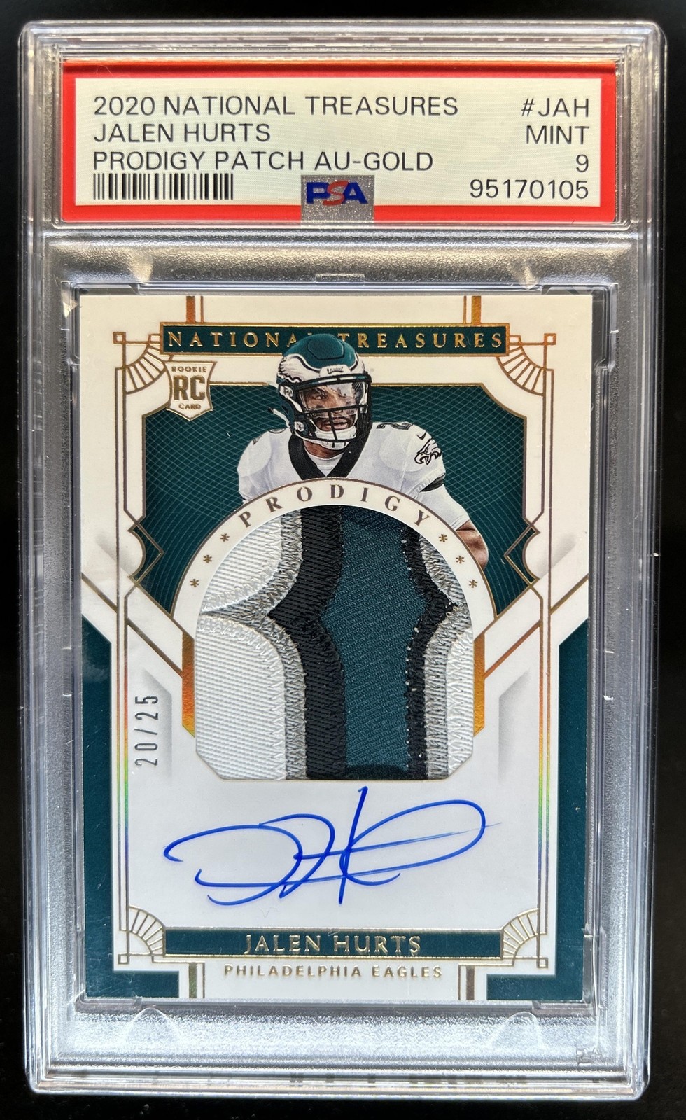 2020 Panini National Treasures Jalen Hurts Prodigy Patch Auto Gold RC #/25 PSA 9 view 1