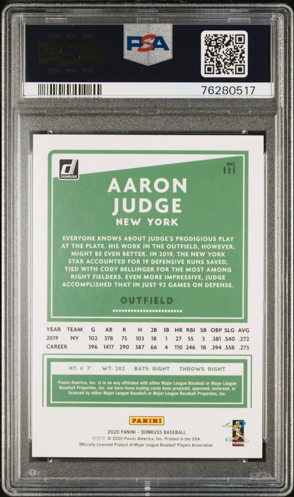 2020 DONRUSS #111 AARON JUDGE PSA 10 view 2