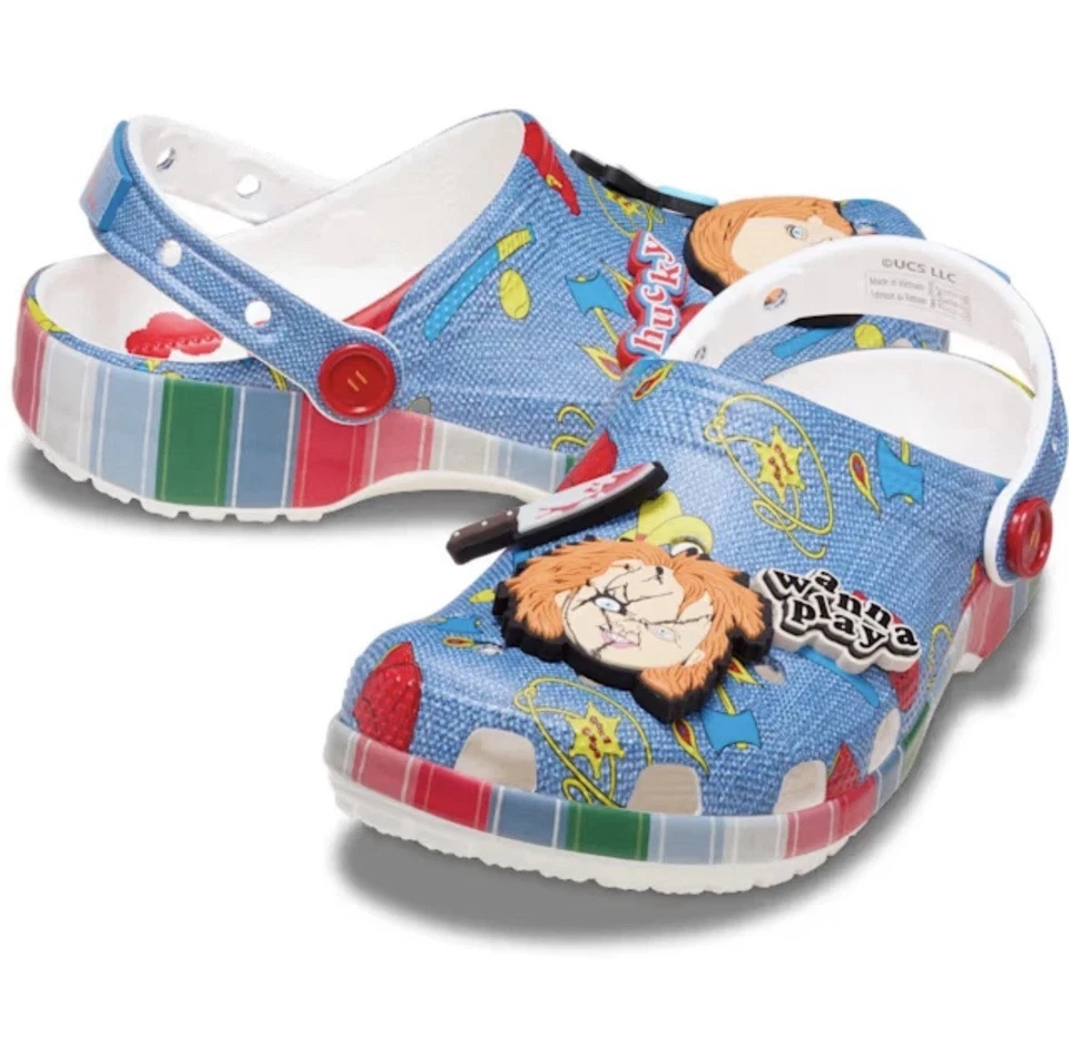 Zuecos Crocs Chucky clásicos sin cordones para hombre talla 9 sandalias multi azul Halloween Foto 2 de 4