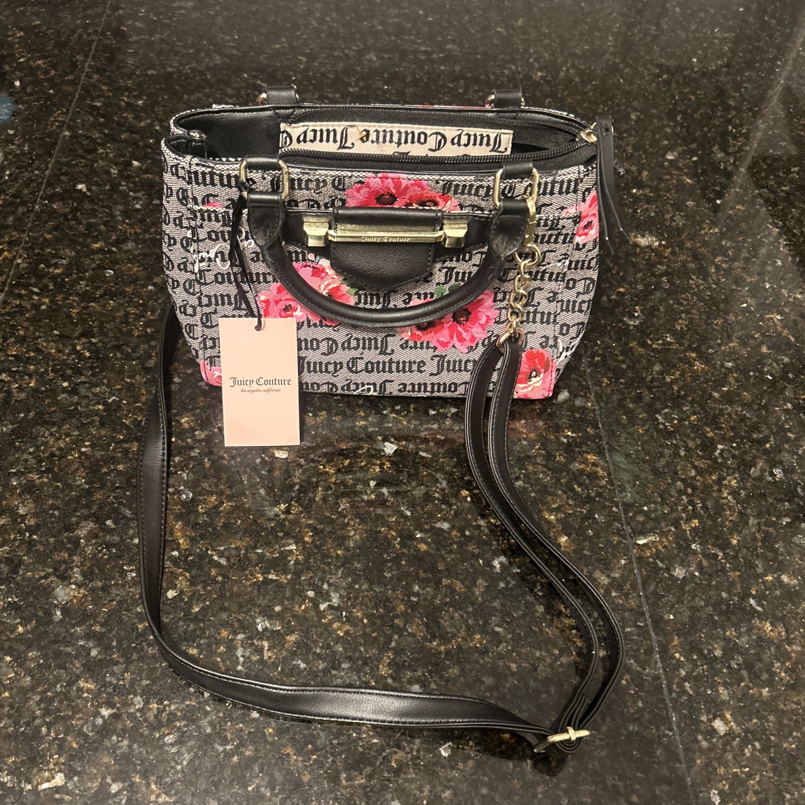 Juicy Couture Hand Bag Shoulder Bag Gray Black Pink Flowers NWT