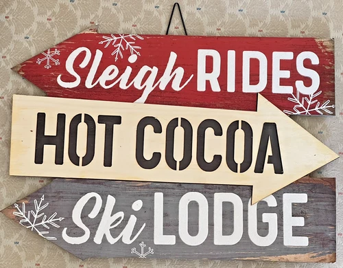 14" Wood Christmas Sign Sleigh Rides Hot Cocoa Ski Lodge Arrows Wall or Yard Art