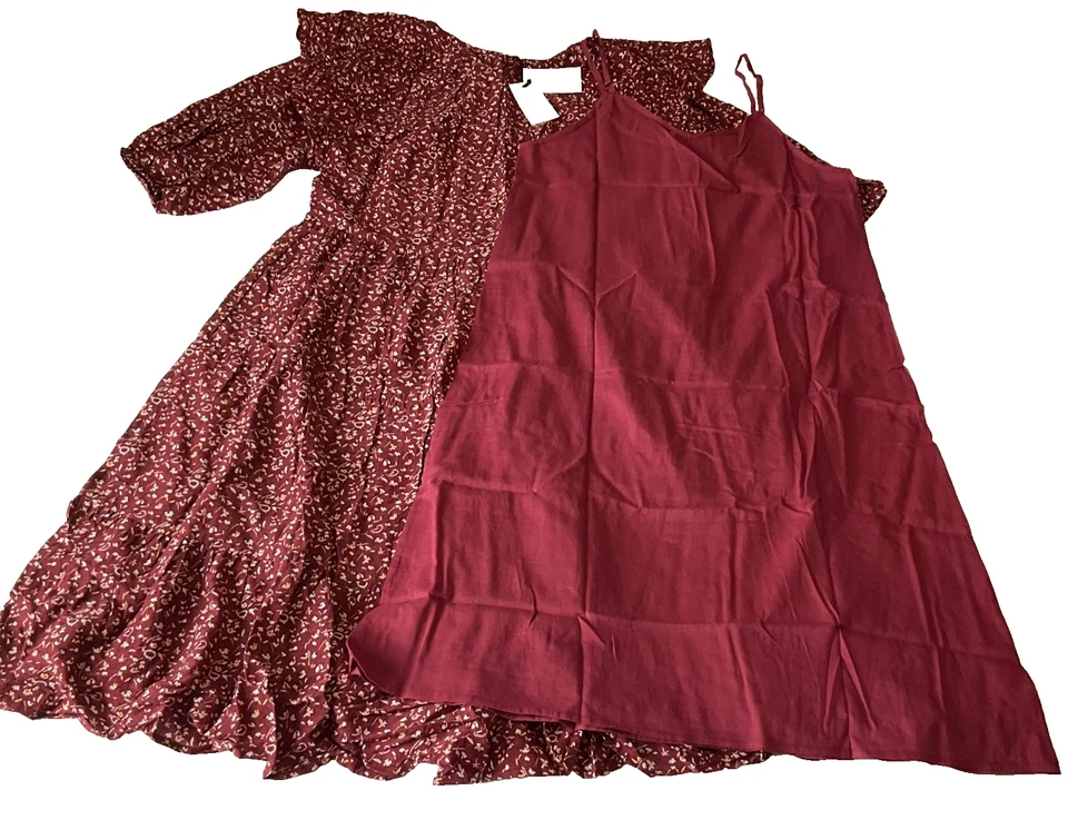 Apiece Apart Mesa Midi Dress With Liner Womens Size L Red Floral Leafy 2 Piece - Image 2 of 4