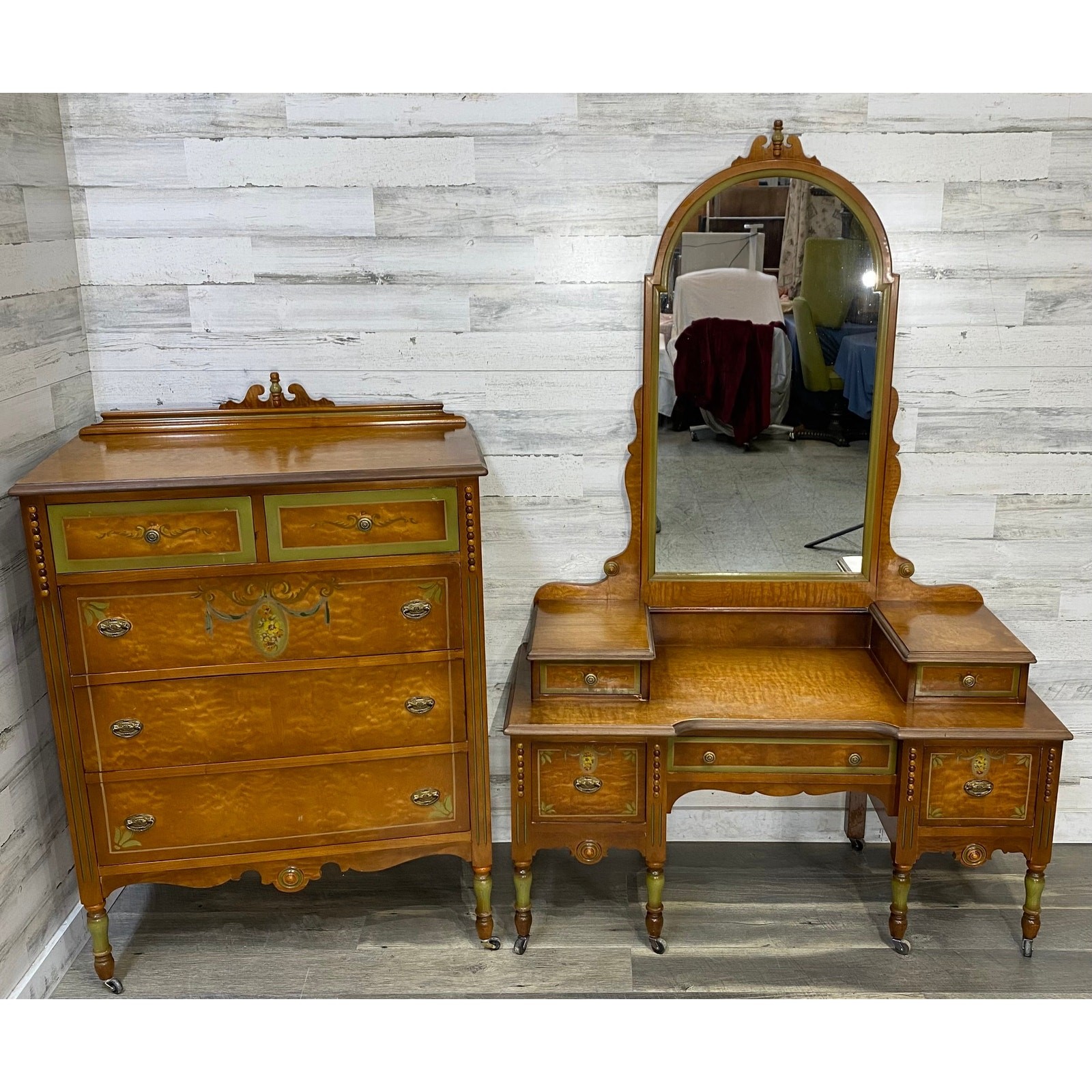 Antique Dresser & Vanity Desk Set Dovetailed Drawers Beautiful